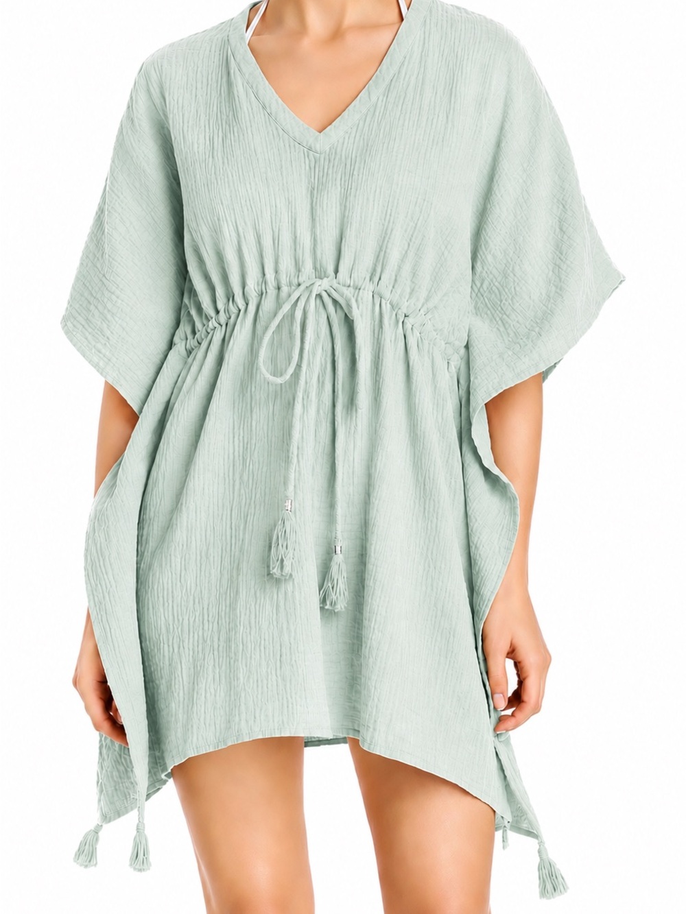 ECHO Gauze Butterfly Short Caftan Mint Green Swim Coverup w Tassels ONE SIZE